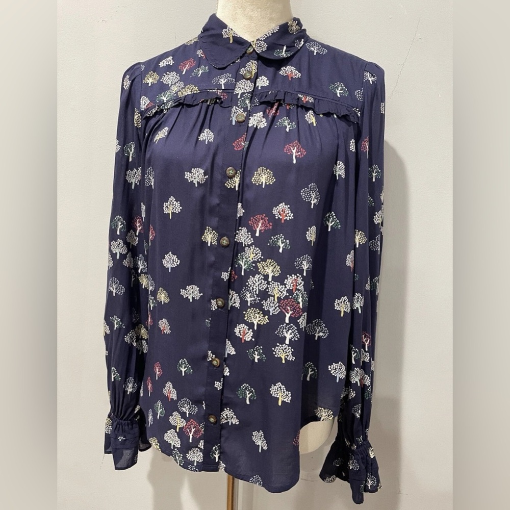 Maeve Anthropologie Blue Floral Print Button Up Blouse Soft Peter Pan Collar 4